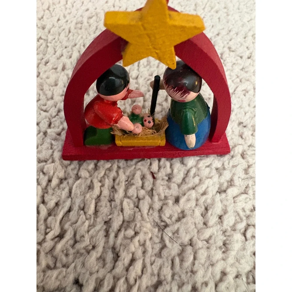 Vintage Wooden Nativity Scene Christmas Ornament Hand Painted Folk Art Religious